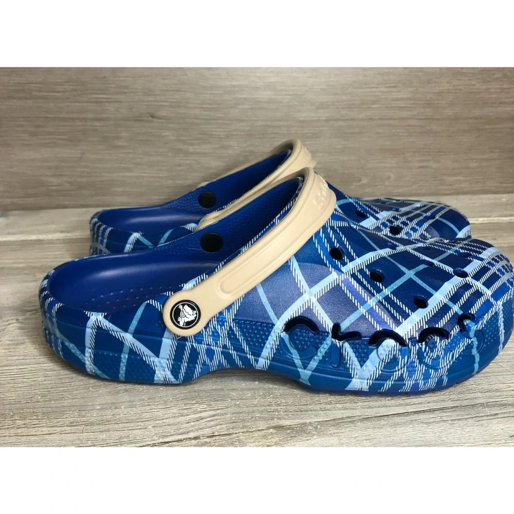 Crocs Baya Holiday Plaid Clogs Blue Jean Sandals Unisex Shoe Mens Size 11